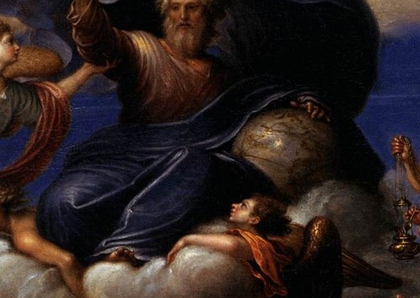 The deep blue fabric, rendered with dramatic folds, creates a sense of immense power and mystery.