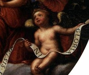 Another cherub holds a scroll with 'GLORIA IN EXCELSIS DEO' written.