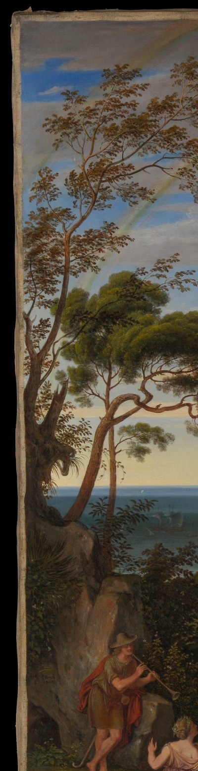 A Koch hallmark , dramatically silhouetted coulisse trees that push the viewer's eye into depth; the rough bark texture is handled with expressive bravura