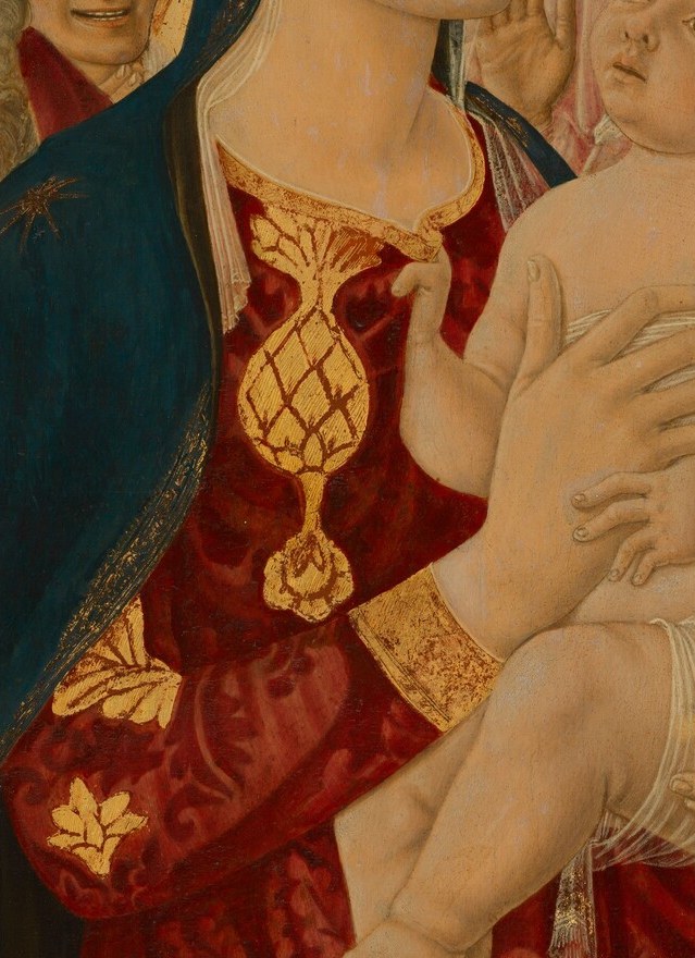 The punched and painted gold pattern on the fabric is a tour de force of tempera surface-building , a luxury textile rendered in luxury medium; close-up reveals the repetitive unit of the brocade design.