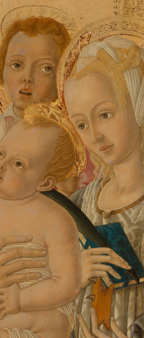 Her youth against Jerome's age structures the panel as a dialogue between intellectual and virgin martyr traditions; her serene expression is the emotional counterweight to the infant's dynamism.