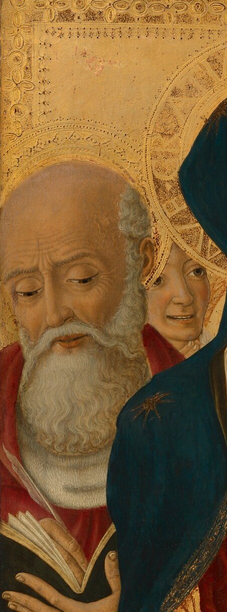 His age and the suggestion of cardinal dress are the identification keys; the contrast of his weathered face against the gold ground dramatises desert-ascetic holiness placed in a courtly devotional setting.