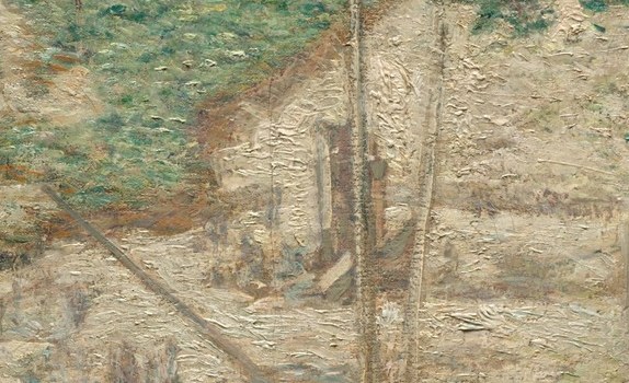 It shows workers building a dam, integrating nature and labor.