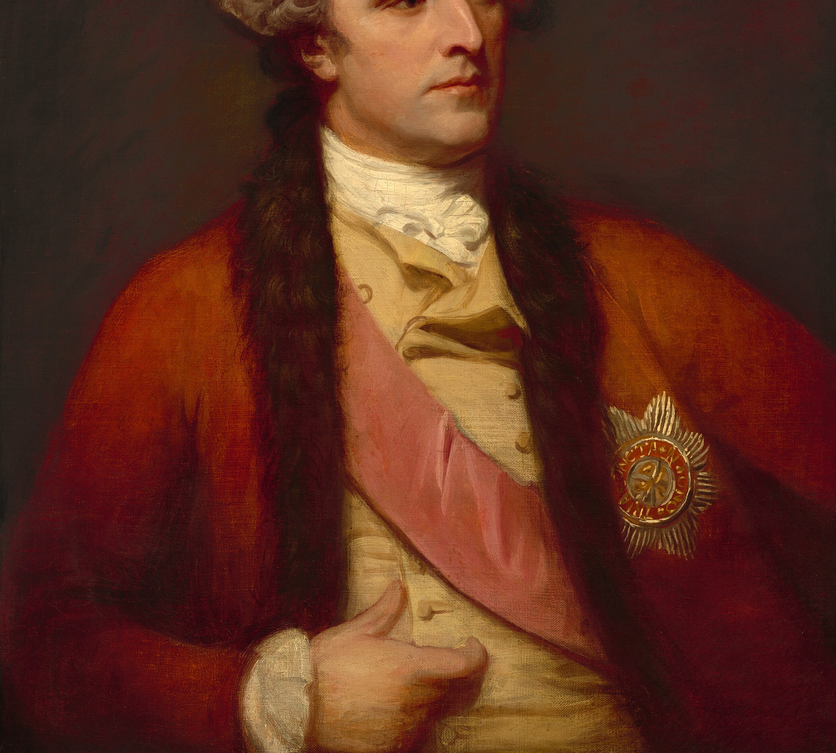 The saturated red dominates nearly two-thirds of the canvas; Romney's bold chromatic decision elevates Hamilton's status while demonstrating bravura fabric painting.