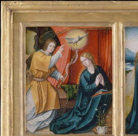 Opens the Joyful Mysteries sequence; the angel and kneeling Virgin in a compressed interior space show how much narrative is packed into each tiny panel.