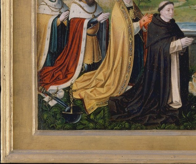Likely Habsburg court patrons whose commission explains the Brussels palace in the background , the painting records who paid for and prayed with this object.