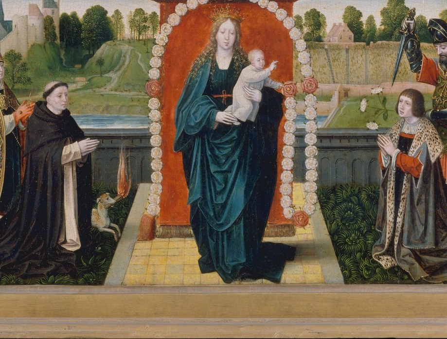 The garland is literally a painted rosary , the physical prayer object transformed into architecture; the alternating red and white roses encode the Joyful and Sorrowful mysteries.