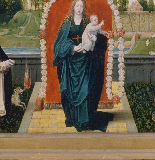 The devotional anchor of the entire altarpiece , the crowned Virgin holds the Christ child within a rose-garland rosary, drawing the eye and summarizing the whole theological program.