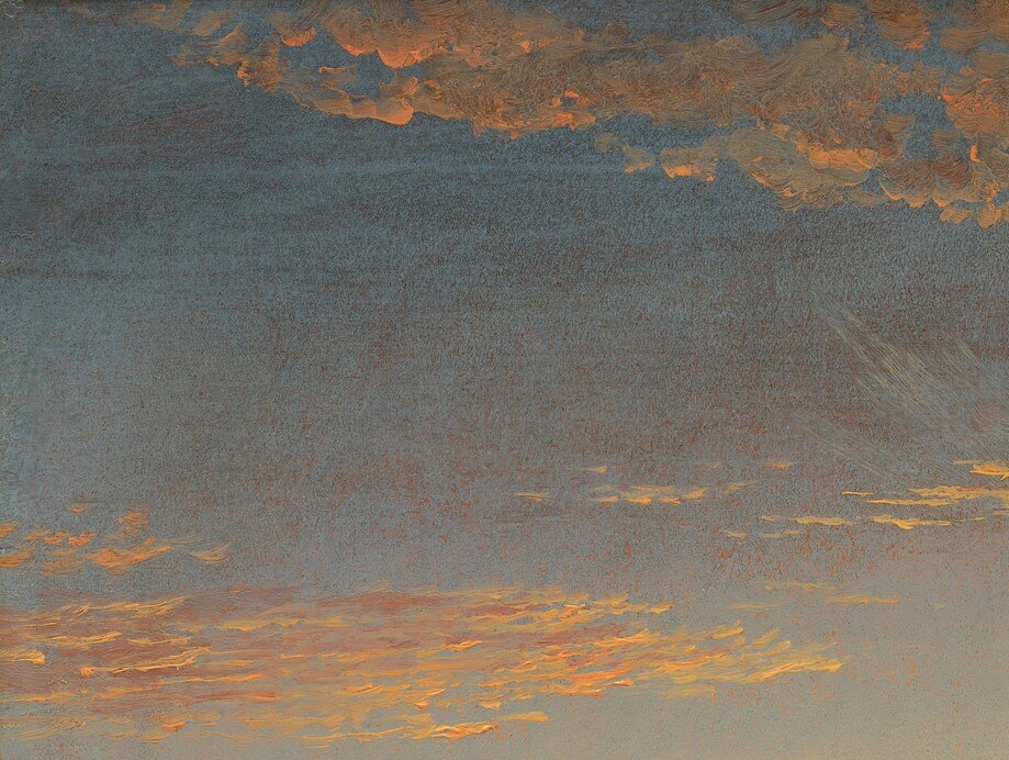 The temperature contrast between this cool zone and the warm clouds to the right creates the painting's central tension , a study in chromatic balance.
