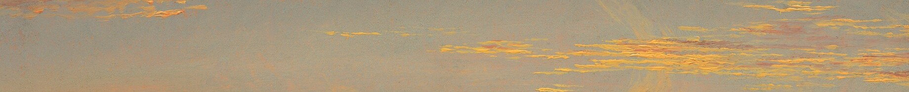 The lightest value in the lower half of the canvas , a sliver of atmosphere trapped between land and clouds that gives the painting its sense of breathable depth.