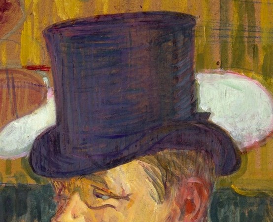 The crisp, dark silhouette of the hat signifies his formal attire and perhaps his status or role in the scene.