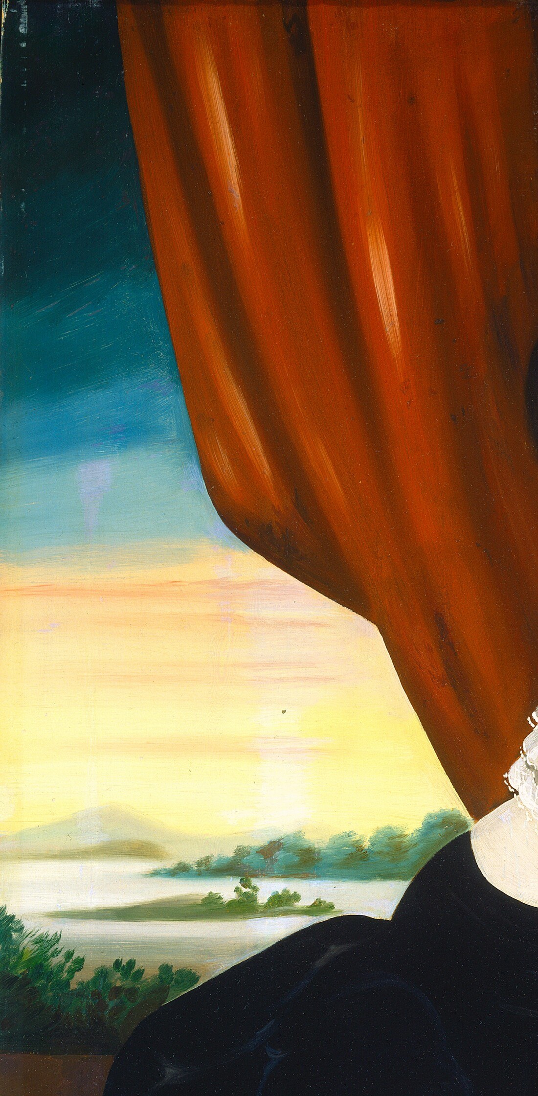 The distant landscape with water suggests the world beyond her.