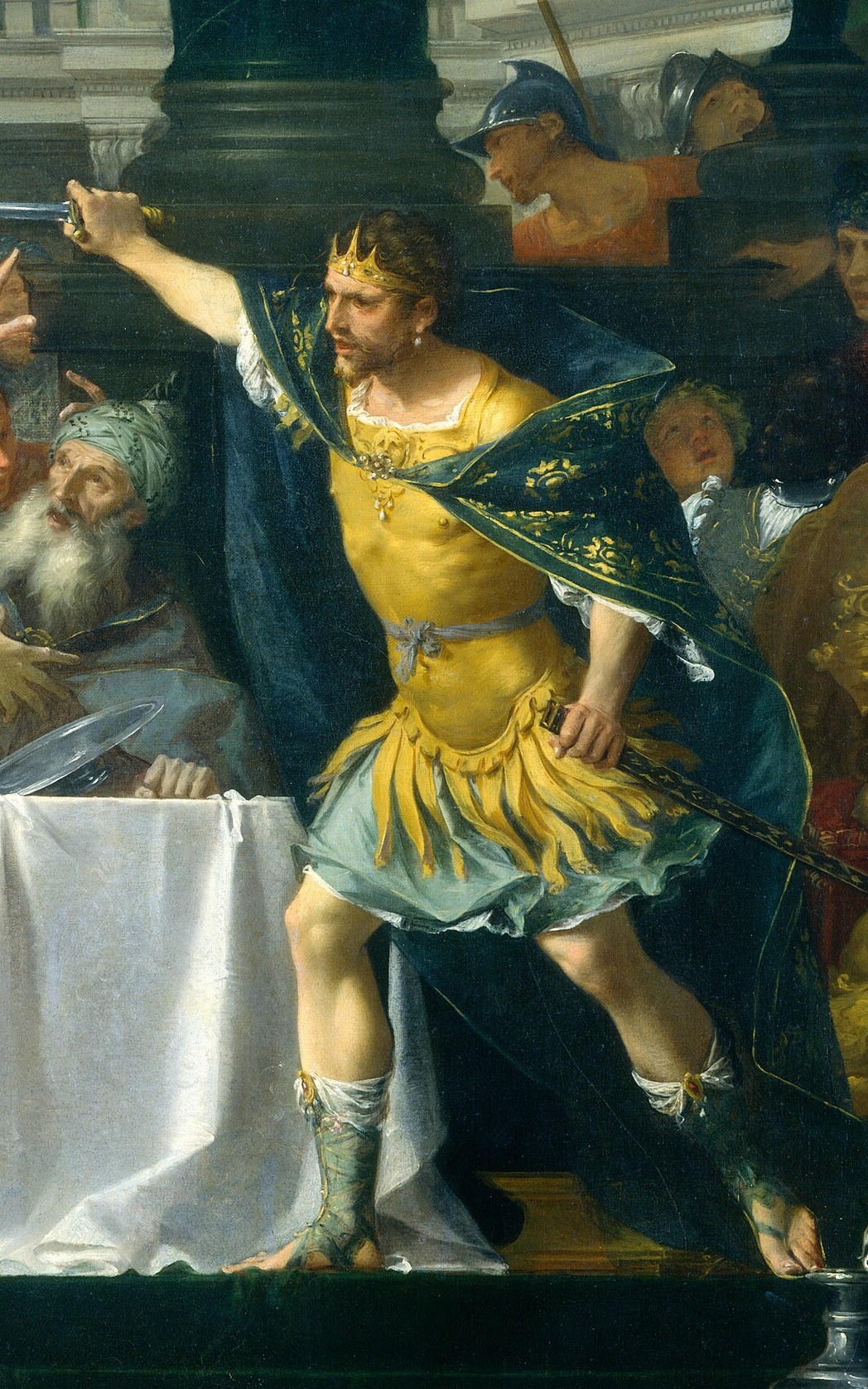 The father, Philip, points a sword at his son, Alexander.