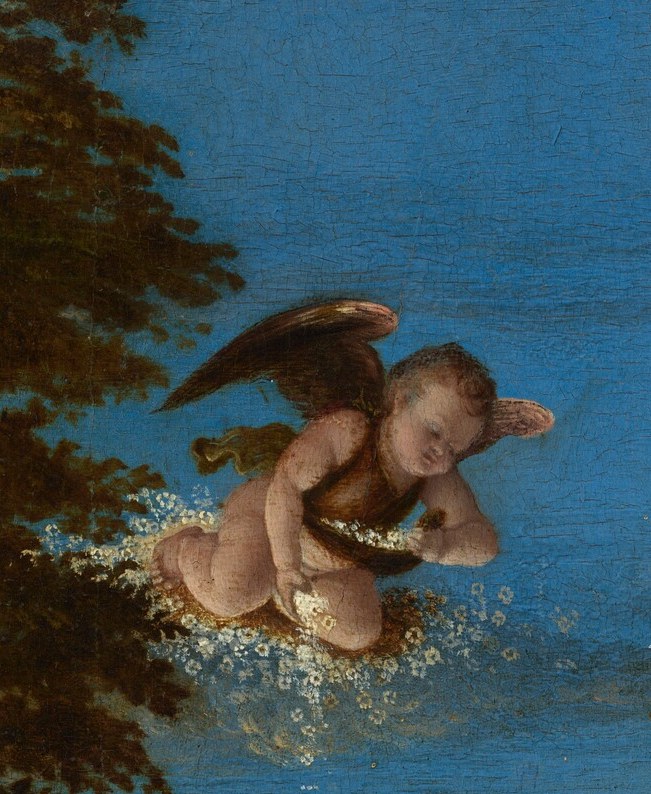 This cherub appears to be falling or emerging from water, suggesting a divine or symbolic intervention.