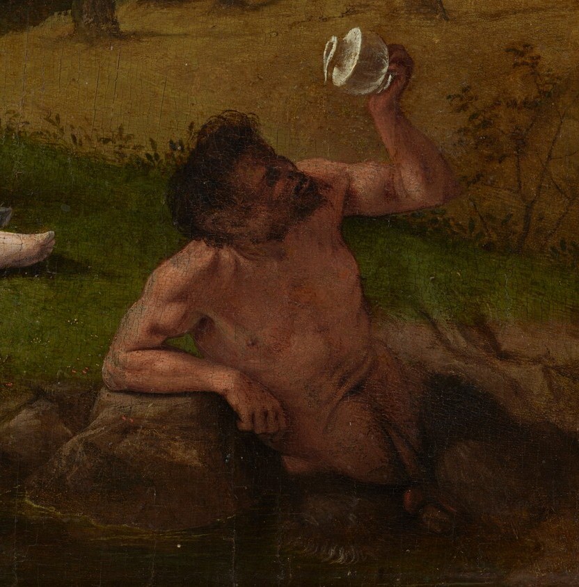 Nearby, a man drinks from a cup, perhaps symbolizing earthly indulgence.