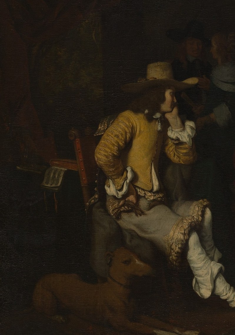 The dominant left-side figure; his large hat and turned posture anchor the composition and signal a well-to-do host or musician , a common social type in Dutch genre painting