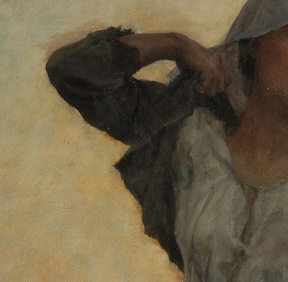 Her right arm is raised, a universal sign of exhaustion.