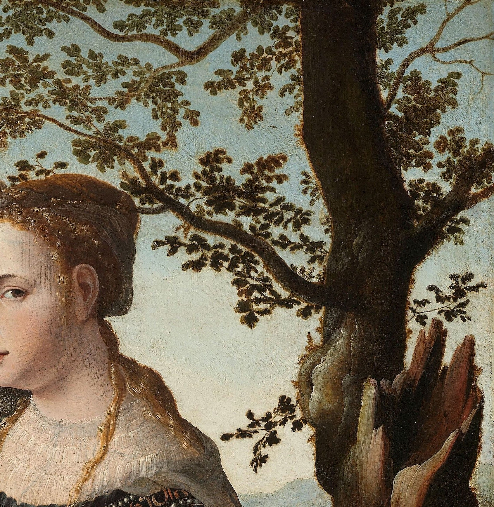 A compositional frame that also demonstrates van Scorel's layered depth strategy , precisely silhouetted leaves against soft aerial sky; the tree anchors the figure without competing with her.