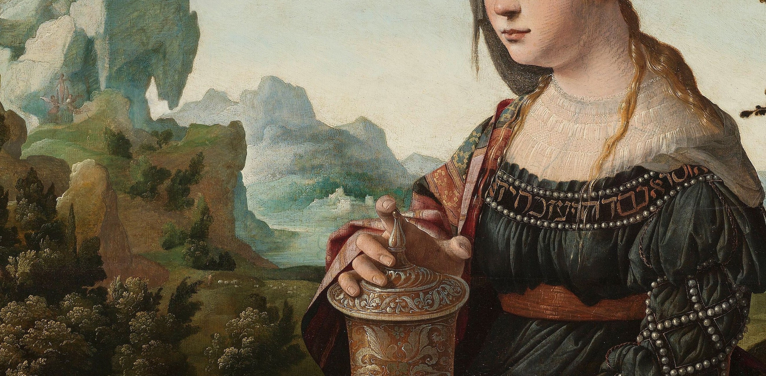 The hybrid Netherlandish-Italianate fabric signals Magdalene's pre-conversion wealth and van Scorel's Italian-trained eye; the palette is unusually saturated for northern panel painting of 1530.