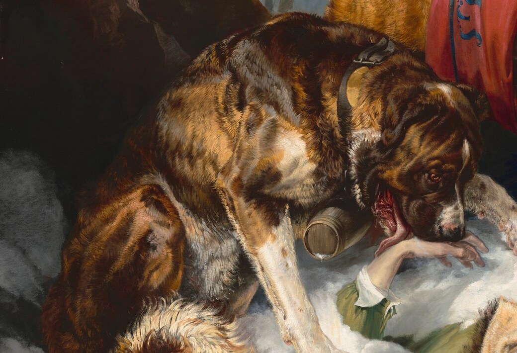 The dog's attentive, almost tender gaze at the prone man is the emotional heart of the painting , animal empathy rendered in oil