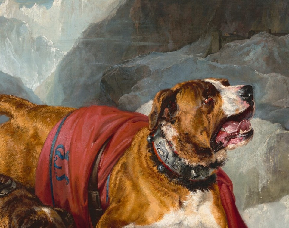 The saturated crimson is the painting's sole warm accent in a cold palette , it reads as heraldic, elevating the dog to an almost knightly status