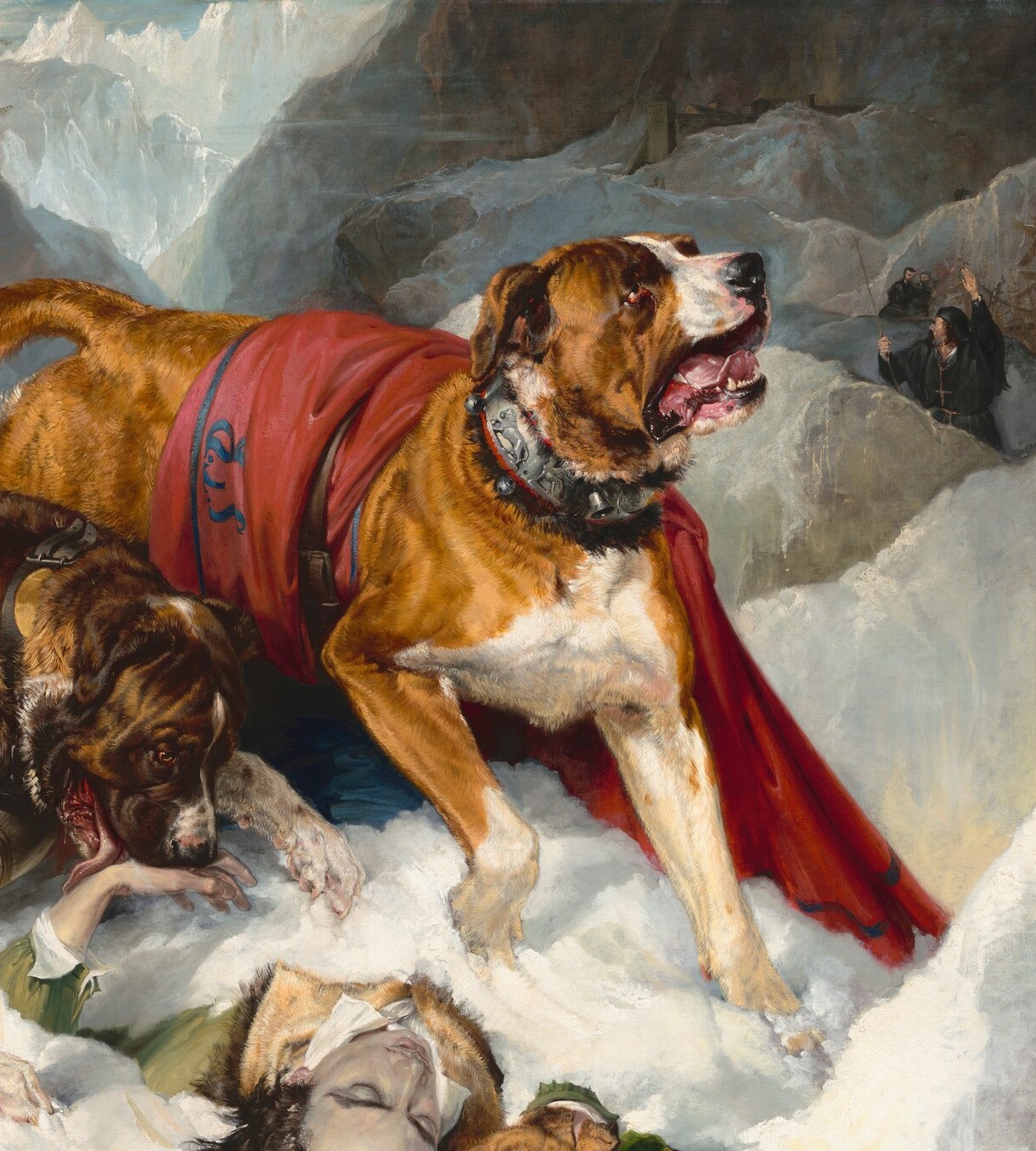 The commanding vertical figure dominates the composition; the vivid red blanket signals the rescue order's authority and draws the eye immediately , a classic Landseer device to humanize the animal