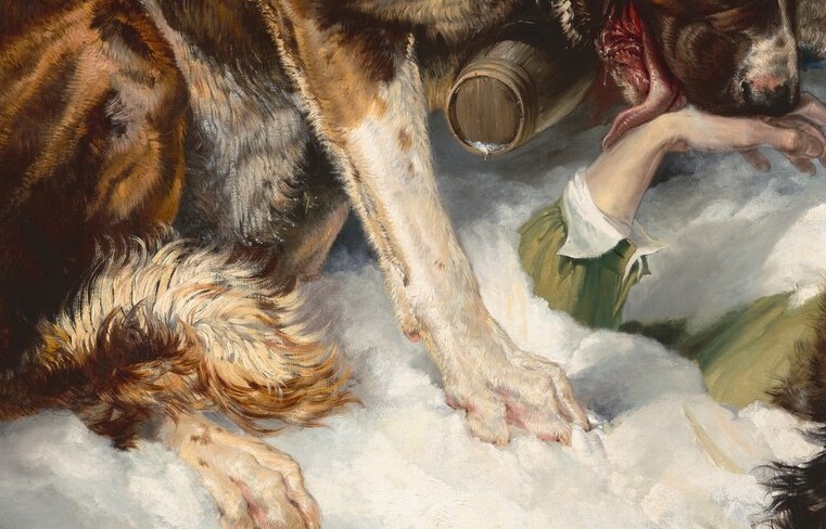 The slack, pallid face half-buried in snow conveys hypothermic unconsciousness; the contrast with living, warm fur around it amplifies the drama