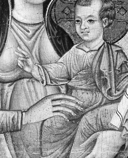 The Child's direct frontal gaze enacts the theological claim that God looks back at the worshipper , a deliberate compositional device, not incidental pose.