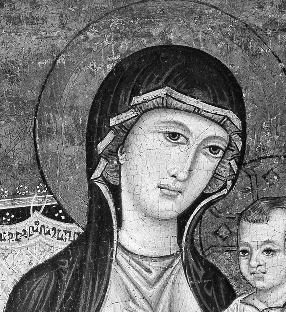 Byzantine frontality with subtly downward cast eyes conveys protective tenderness rather than distant authority , a pivotal shift in medieval Marian iconography.
