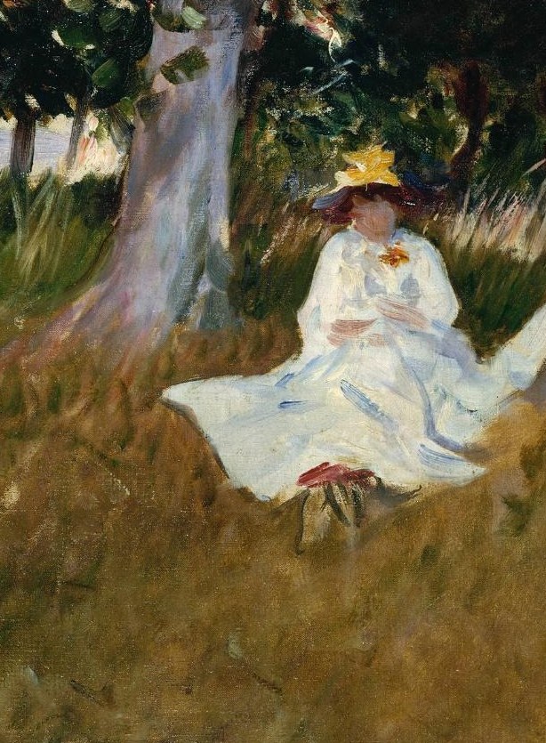 Her bright white dress and yellow hat anchor the right half; she appears to hold papers or a book, suggesting a quiet companion presence rather than an artist herself.