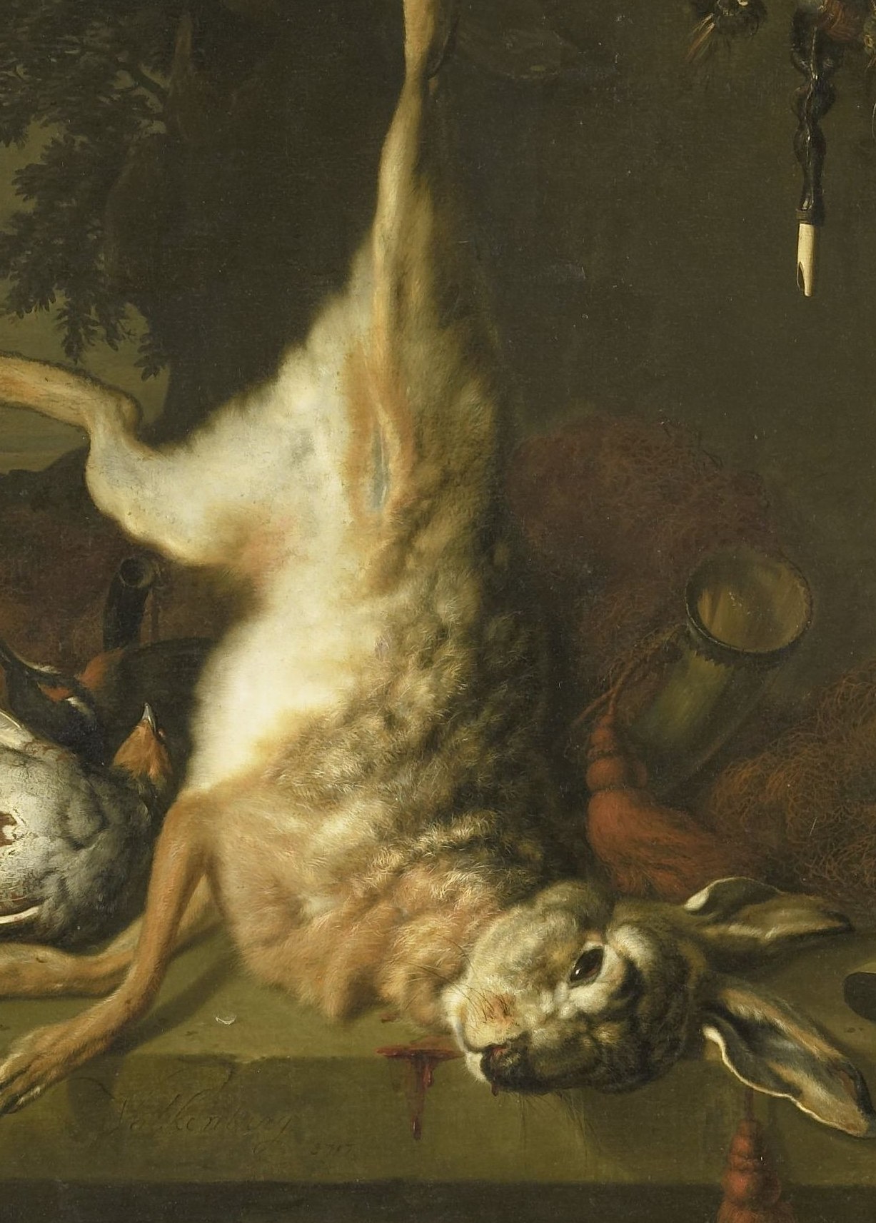 The dead hare is rendered with incredible realism.