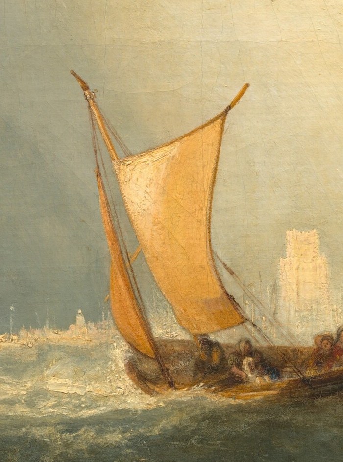The vibrant orange sail is a focal point, catching the light and adding a dynamic splash of color against the muted seascape.