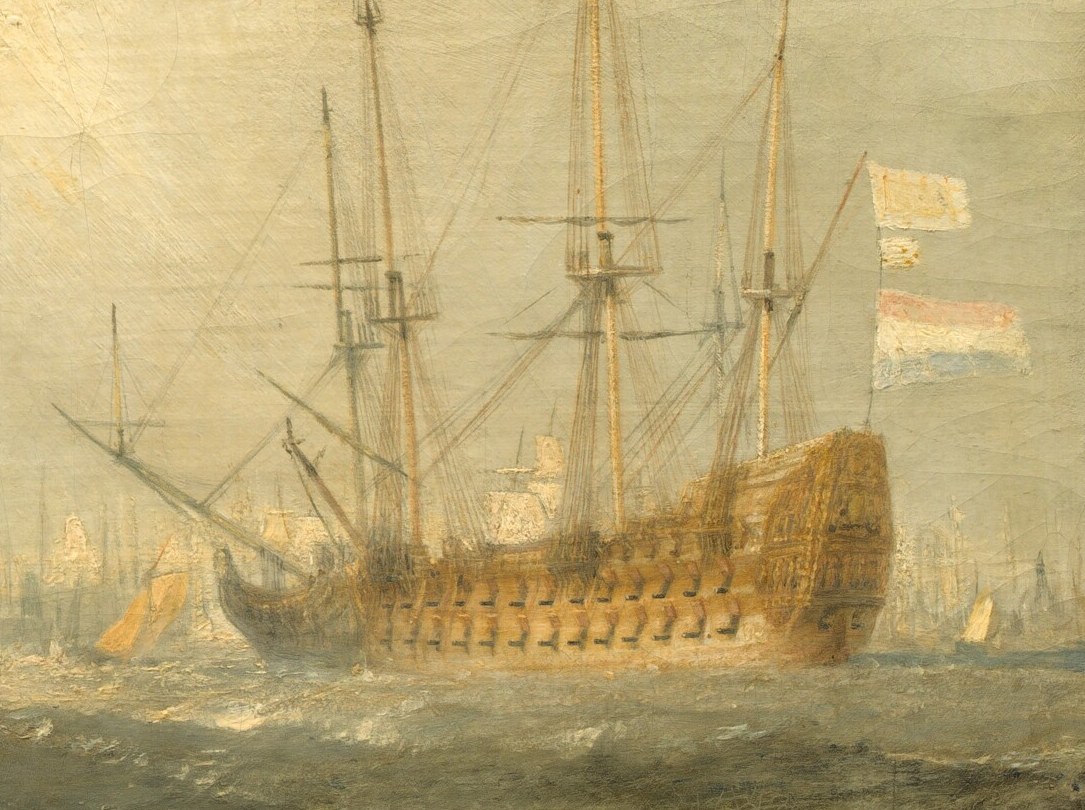 This imposing vessel in the background signifies power and national presence, contrasting with the humble ferry.