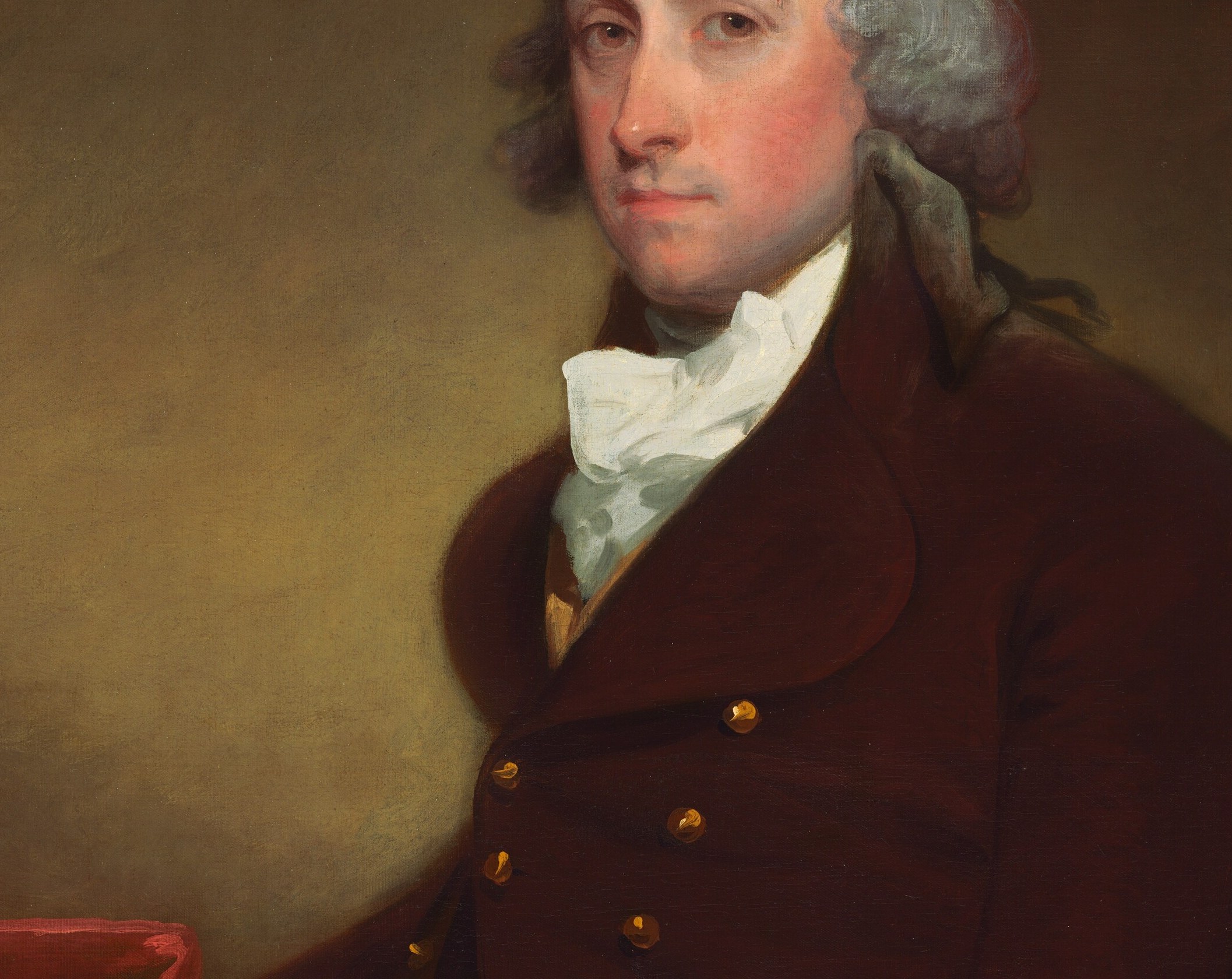 The deep brown fabric, rendered with broad energetic strokes, contrasts with the white cravat and frames the sitter's status , formal dress signalling wealth and authority.