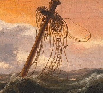 The mast of the wrecked ship tips forward, its rigging tangled.