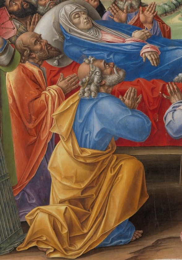 The blue-robed apostle anchors the grief of the moment.