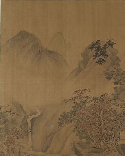 The monumental anchor of the composition; its dense ink and layered texture strokes (cun) embody the Northern Song monumental landscape tradition Jing Hao founded , a camera lingering here reveals geological weight built from brushwork alone.