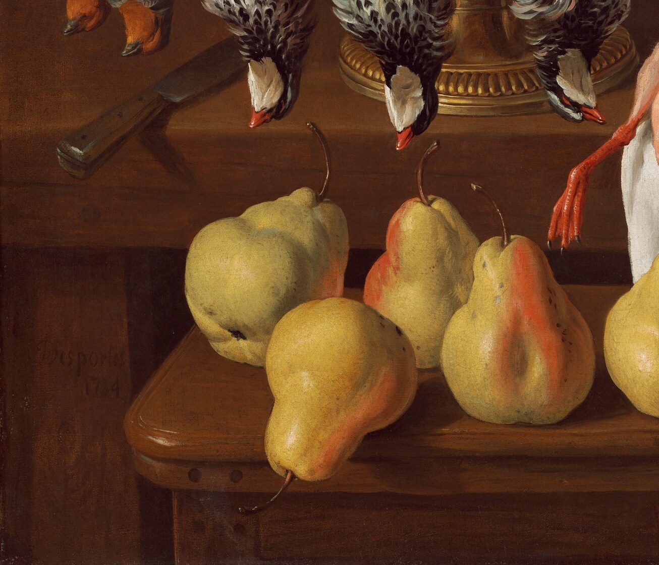 Translucent pear skin painted with glowing warmth anchors the lower register; their sweetness and freshness jar against the dead weight of raw meat directly above , a deliberate Rococo sensory contrast.