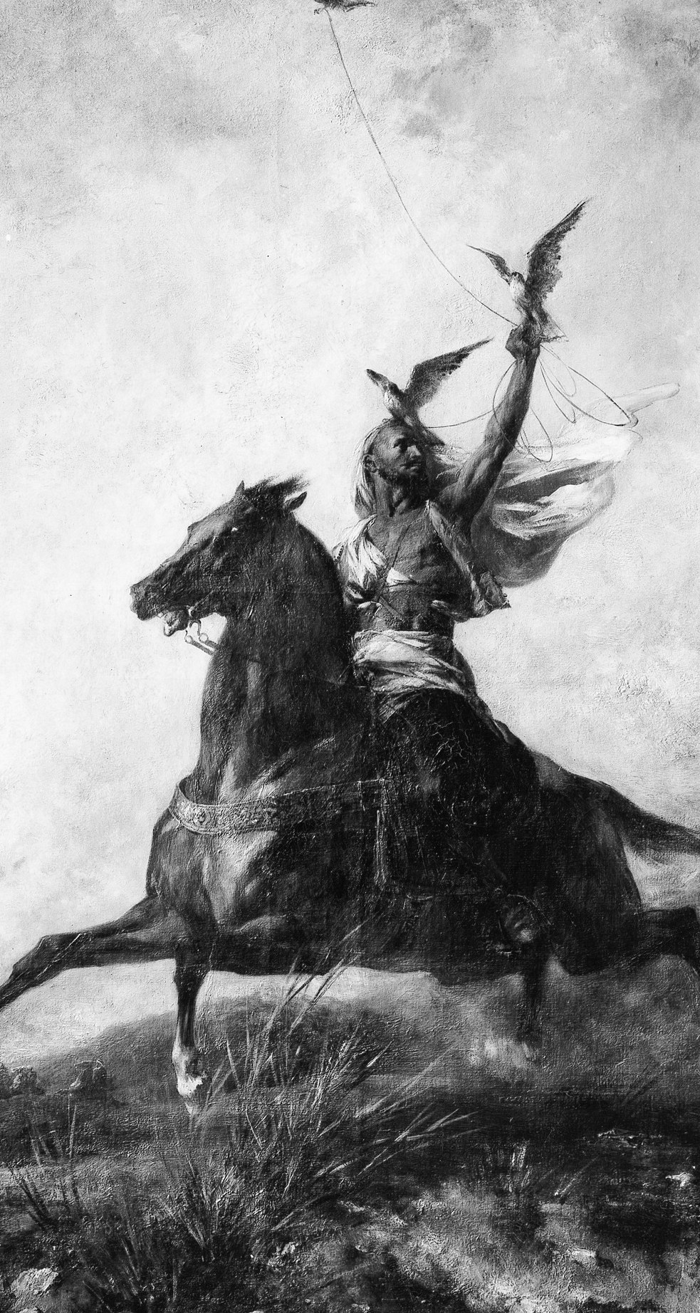 The compositional anchor , a lone figure in flowing white robes commands the entire vertical axis of the canvas, embodying the Orientalist ideal of desert nobility.