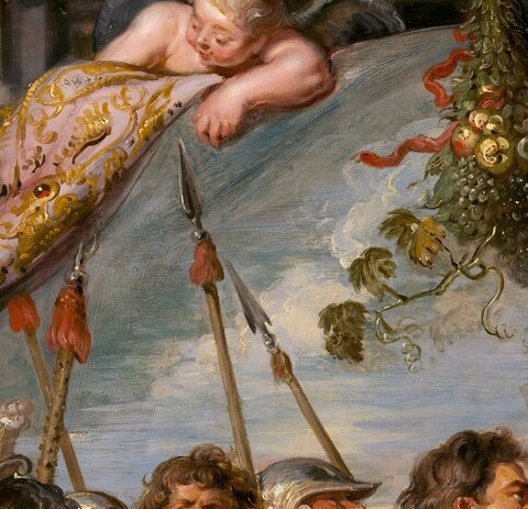 The dominant protagonist: jaw set, eyes locked on Melchizedek , Rubens encodes command and reverence simultaneously in the same expression.