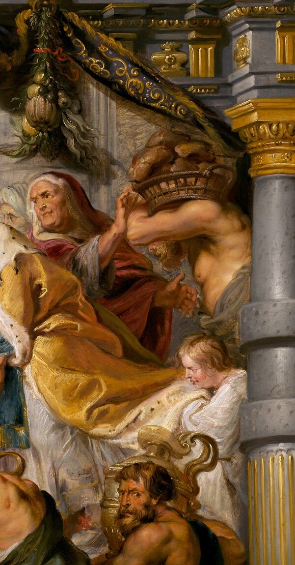 Rubens situates the ancient scene within a timeless Greco-Roman setting, lending institutional gravity and framing Melchizedek within a temple precinct.