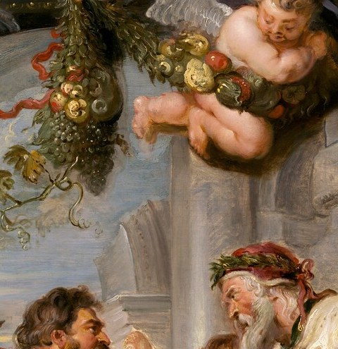 His elevated position and priestly air mark him as the theological anchor; this face carries the Christological prefiguration the painting is built around.
