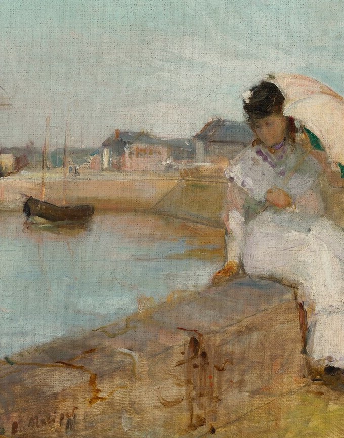 The emotional anchor of the painting , her stillness and downward gaze create a tension between the active harbor and private reverie, and Morisot's loose white brushwork makes the dress almost dissolve into light.