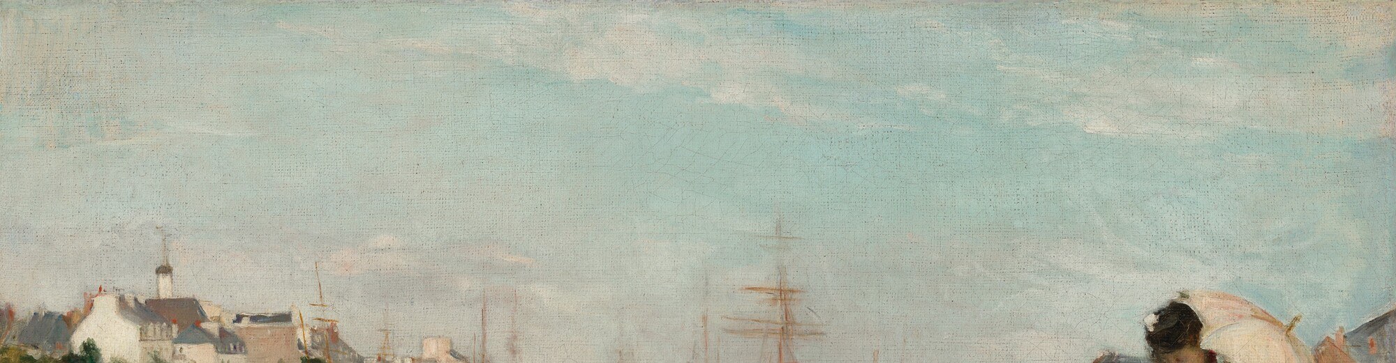 The sky is the painting's light source , soft, warm, and unpainted-feeling in places; Morisot keeps it featureless so nothing competes with the figure and masts below.
