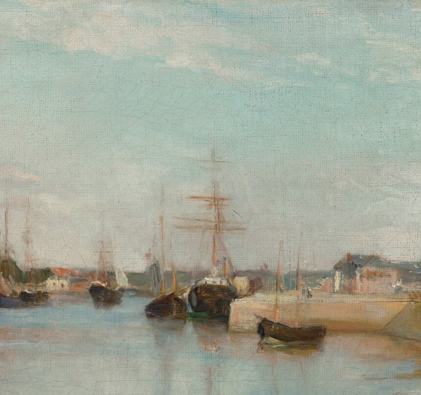 The vertical masts punctuate the horizontal landscape and anchor the composition; their number signals a working commercial harbor, not a pleasure port.