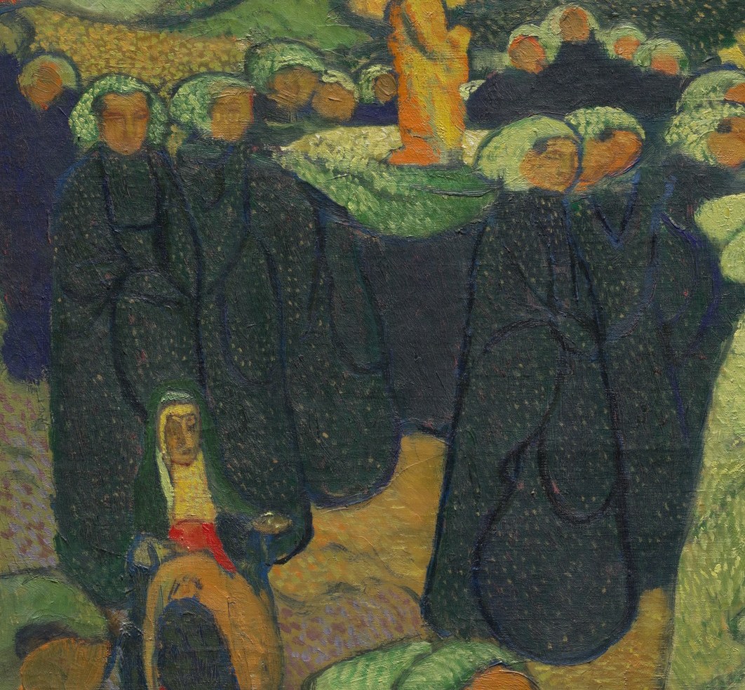 The muted colors suggest a solemn, communal experience.