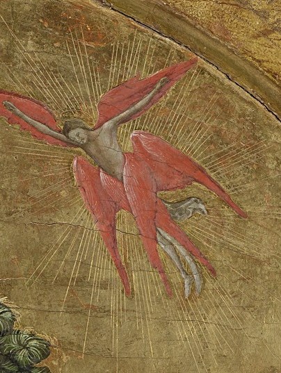 Its vibrant red color and dynamic pose suggest divine power and the urgency of the message.