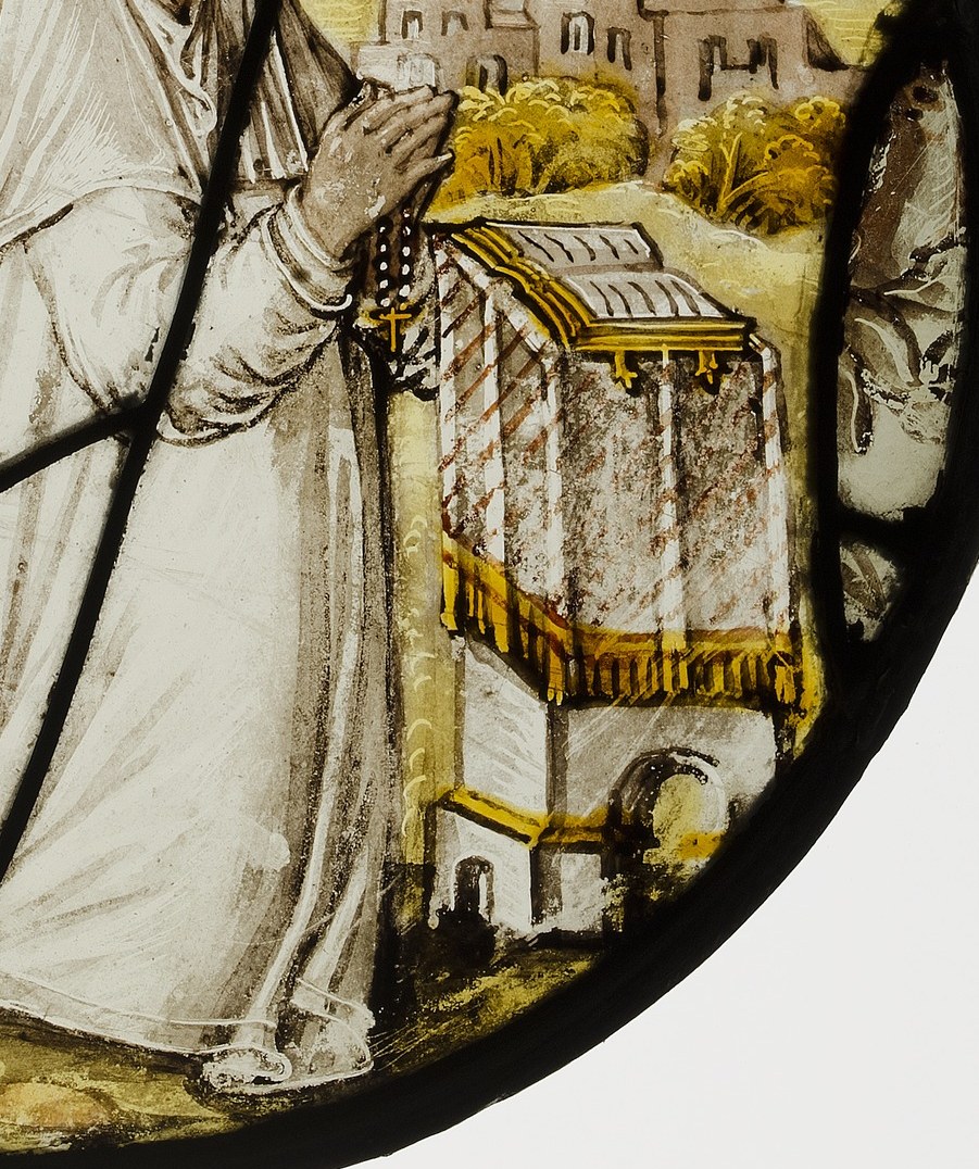 First, the transaction. She kneels, offering a tiny church.