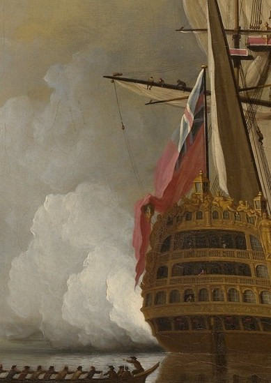 An English ship fires its cannon with sails loose.