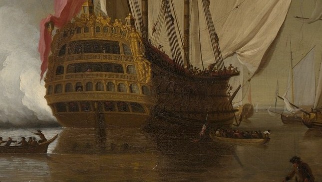 Look at the ornate stern of the great ship.